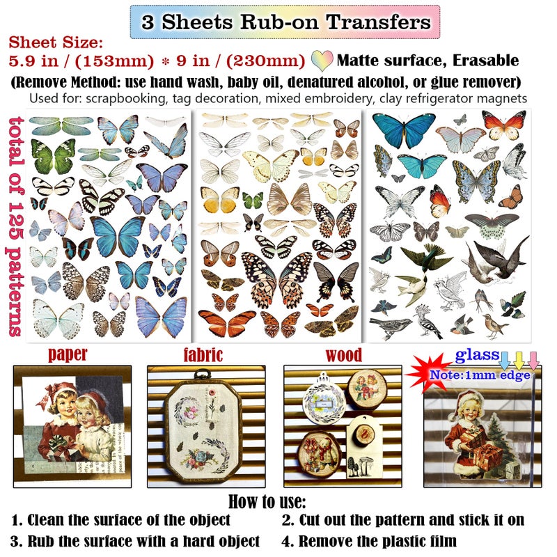 CATaireen Rub On Transfers for Crafts Pressure Transfer Stickers Fit Cloth Glass Acrylic Wood Furniture Stone Scrapbooking Stuff Small Vintage Junk Journal Supplies (Butterfly) - Image 2